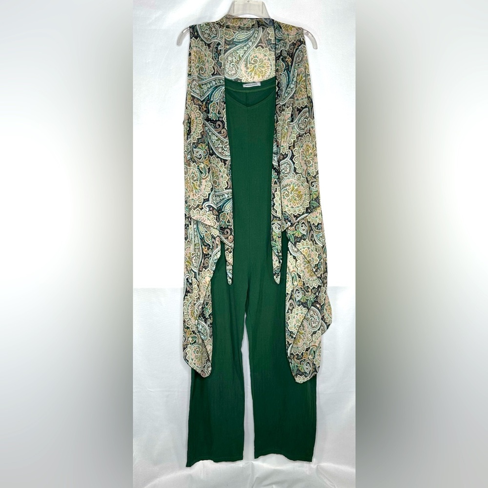 Misslook Green Romper Paisley Waterfall Duster Straight Leg Pockets Bohemian SzL